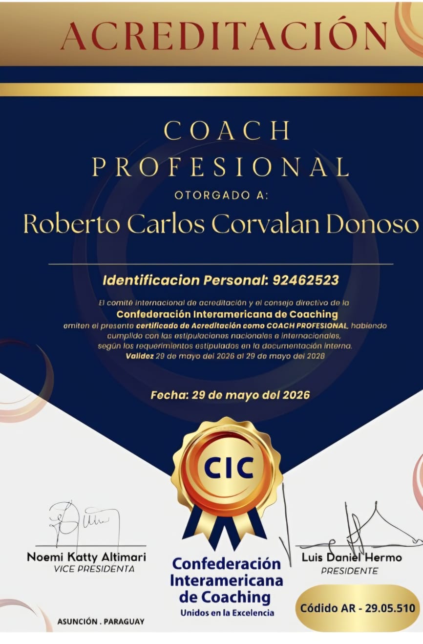 Certificado de acreditación como Coach Profesional otorgado a Roberto Carlos Corvalán Donoso por la Confederación Interamericana de Coaching (CIC)
